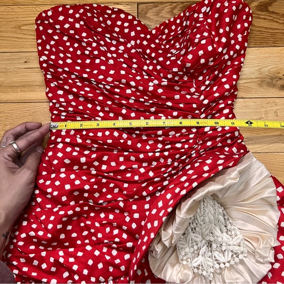 Vintage Mignon Red w White Polka Dot Strapless Mini Dress Ruffles Flower Size S - Picture 3 of 9